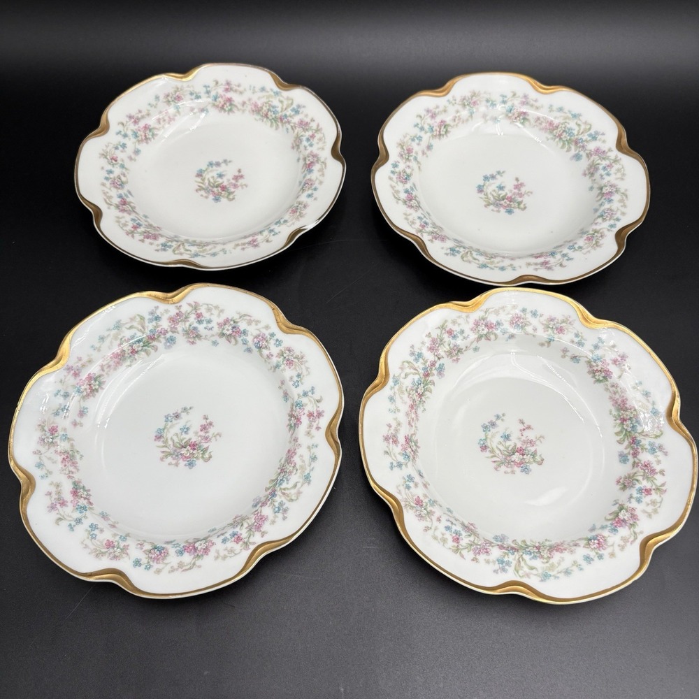 Haviland Limoges France 4 Dessert PLATES White Pink Blue Forget-me-Nots Spray